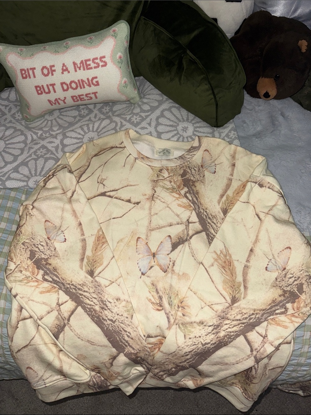 Butterfly Print Cream Crewneck Sweatshirt